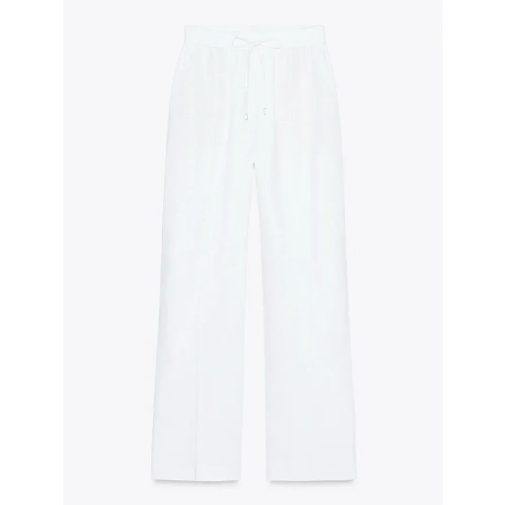 ZARA LINEN BLEND STRAIGHT PANTS OYSTER-WHITE